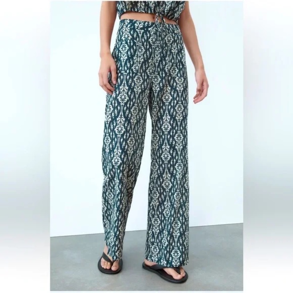 Zara Teal and White Patterned Wide Leg Pants
